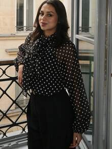 女款春夏秋休閒波點上衣 蝴蝶結寬鬆優雅襯衫 度假海灘度假派對上衣 都市通勤辦公正式襯衫 黑色 - 黑色 - 查看 11