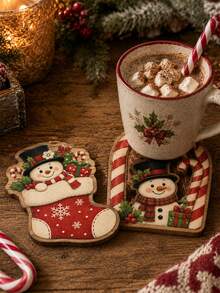 6-Piece Christmas Coaster Set (Snowman & Reindeer)–Irregular Wooden Cartoon Coasters Featuring Christmas Tree, Stocking, Mitten, Candy Cane, And Door Designs; Christmas Gifts,Suitable For Home Kitchens, Dining Areas, Holiday Parties, And Winter Decor - Multicolor - View 4