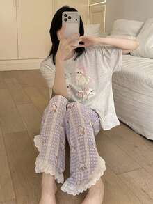 2pcs/Set Women's Pajamas Loungewear Set, Cute Animal Print Pullover Round Neck Short Sleeve Cropped Pants Lace Patchwork Comfortable For Home Wear - Light Grey - View 9