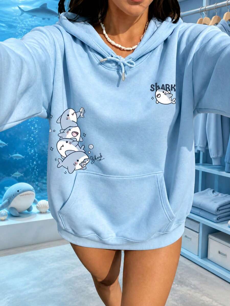 Cute Shark Print Women's Drop Shoulder Hooded Sweatshirt, Long Sleeve Sweatshirt Summer Casual - Baby Blue - View 1