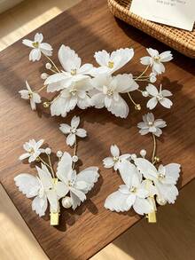 3pcs Silk Chiffon Flower Butterfly Rhinestone Hair Accessories Set, Bridal Wedding Headpiece, Women's Atmospheric Wedding Dress Party Hair Accessory Combination - Multicolor - View 7