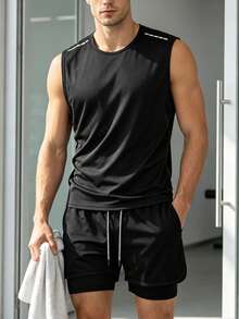 2pcs/Set Men's Sports & Fitness Outfit, Vest + Shorts, Summer Indoor/Outdoor Workout Running Set Black - Black - View 4