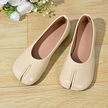 Korean Style Minimalist Split Toe Design Low Vamp Slip-On Flat Shoes, Comfortable Soft Sole Commuter Women's Shoes - Beige - View 6