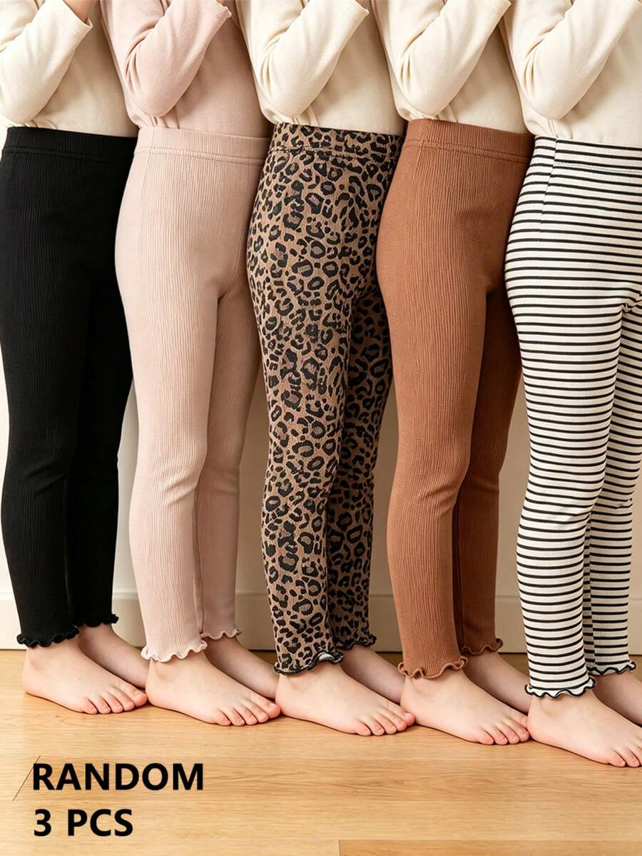 3pcs/Pack Girls Vertical Striped Frill Trim Leggings, Suitable For Outerwear And Layering, Everyday Wear - Multicolor - View 1