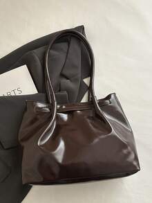 1pc Coffee Brown Buckle Strap Decor Large Capacity Solid Color PU Tote Bag Women's Shoulder Bag - Coffee Brown - View 5