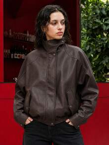 OUTTA BOX Vintage Coffee Brown Oversized Motorcycle Aviator Jacket For Women, Stand Collar, Front Placket, Elastic Hem, Autumn/Winter Outerwear Top - Coffee Brown - View 1