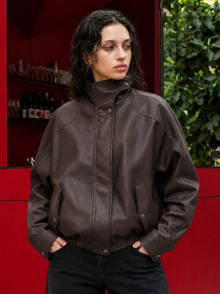 OUTTA BOX Vintage Coffee Brown Oversized Motorcycle Aviator Jacket For Women, Stand Collar, Front Placket, Elastic Hem, Autumn/Winter Outerwear Top - Coffee Brown - View 1