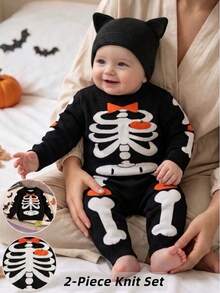 2pcs/Set Cute Halloween Skeleton Pattern Crew Neck Long Sleeve Knit Pullover Sweater And Knit Long Pants For Baby Boys, Suitable For Halloween, Casual Wear, Spring, Autumn, Winter - Black - View 4