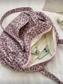 Pink Leopard Print All-Over Pattern Tote Bag, Wide Handle Shoulder Carry, Large Capacity Storage For Laptop, Makeup And Personal Items, Zipper Closure, Sweet Cool Style, Boston Underarm Tote Bag, Women's Daily Use For School, Shopping And Outings - Pink - View 5