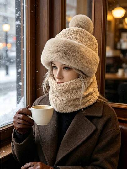 1pc Women's Soft Teddy Fleece Pom Pom Hat, Plush Comfortable Faux Fur Trimmed Brim Windproof Ear Protection Warm Winter Knit Hat, Suitable For Skiing, Outdoor Travel, Commuting, Daily Wear, Snowy Days, Casual Sweet Style Autumn/Winter Head Accessory