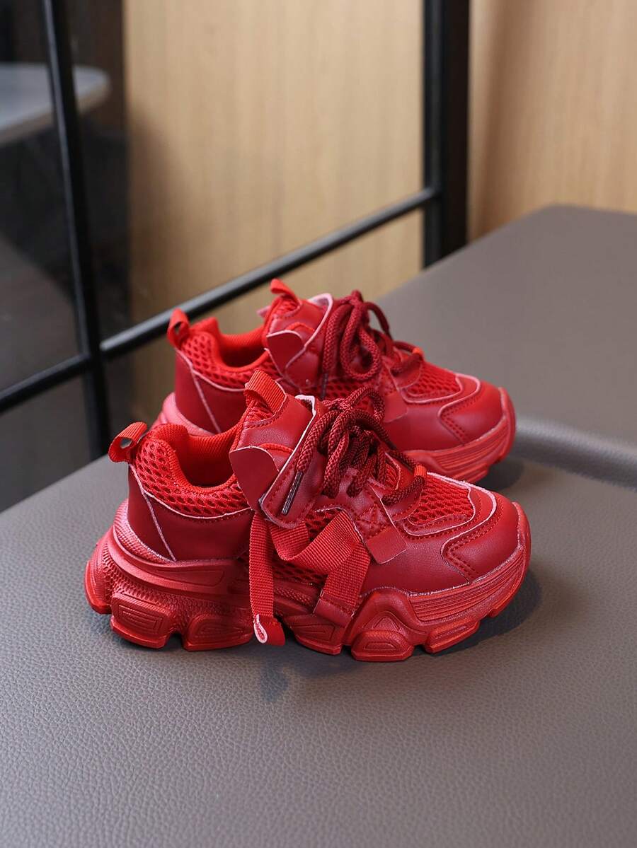1 Pair Spring/Autumn Boys' Shoes, Colorful Girls' Sports Shoes, Soft Sole Chunky Sneakers - Red - View 1