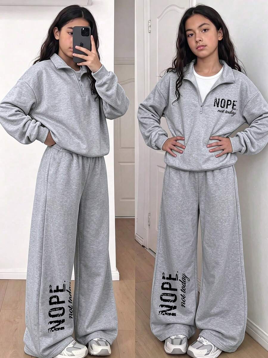 Setelan Olahraga 2 Potong Gaya Jalanan untuk Anak Perempuan, Sweatshirt Kerah Setengah Resleting dengan Cetakan Huruf & Celana Jogging Lebar, Musim Semi/Gugur - Grey - View 1