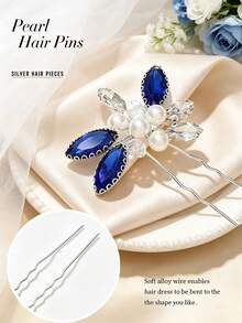 3pcs Blue Rhinestone Pearl Flower Bridal Hair Clips, Elegant Wedding Bridesmaid U-Shaped Hair Pins, Prom Party Hair Accessories - Multicolor - View 3