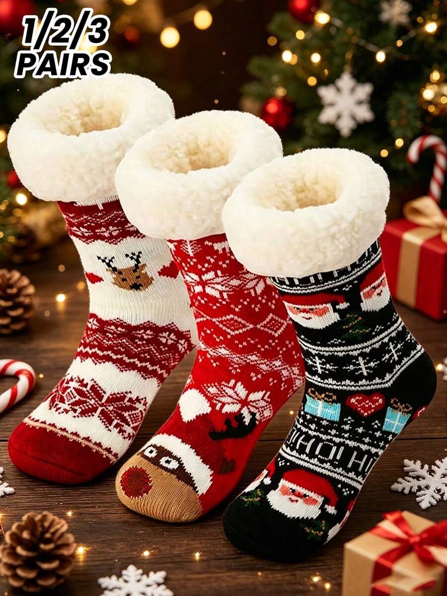 1/2/3 Pairs Extra Thick Christmas Socks, Mid-Calf, Non-Slip Sole, Thermal Lined, Cute Indoor Home Socks For Women, Children And Adults, Gift - Multicolor - View 1