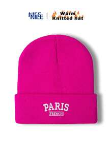 1件裝 男士 PARIS FRENCH 刺繡秋冬針織毛帽，時尚中性 Y2K 無邊帽，防風保暖戶外帽 - A - 查看 6