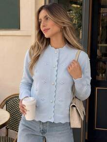 JIANHU Korean Style Knitted Cardigan - Soft Blue Sweater With 3D Floral Decor And Ruffle Button, Adorable High Collar Jacket, Suitable For Daily And Office Wear, Autumn/Winter - Blue - View 1