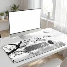 Svart & vit körsbärsblommor bergslandskapsmönster extra lång gamingmusmatta och skrivbordsmatta set, halkfri slitstark gummibotten, slät yta, lämplig för PC, laptop, kontor och hem, abstrakt konstdekor, skolstartstillbehör - A - Visa 9