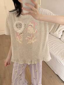 2pcs/Set Women's Pajamas Loungewear Set, Cute Animal Print Pullover Round Neck Short Sleeve Cropped Pants Lace Patchwork Comfortable For Home Wear - Light Grey - View 3