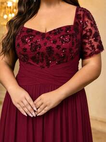 V-Neck Solid Color Sequin Patchwork Chiffon Ruched Waist Elegant Pleated Flared Hem Evening Party Dress - عنابي اللون - مشاهدة 3
