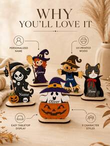 Personalized Name Halloween Standing Decor, Custom Desktop Ornament With Ghost, Witch, Pumpkin, Cat, Scarecrow And Grim Reaper Characters, Bookshelf Fireplace Mantel Decoration, Halloween Party Tabletop Display, Suitable For Home, Friends And Halloween Enthusiasts Home Decor - Multicolor - View 9
