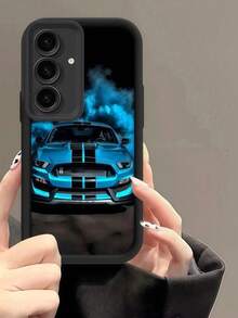 1pc Sky Eye Staircase Night Rush . Blue Flame Stripe Racing Pattern Phone Case, Black Leather Frame Shockproof Soft TPU Protective Cover - Black - View 3
