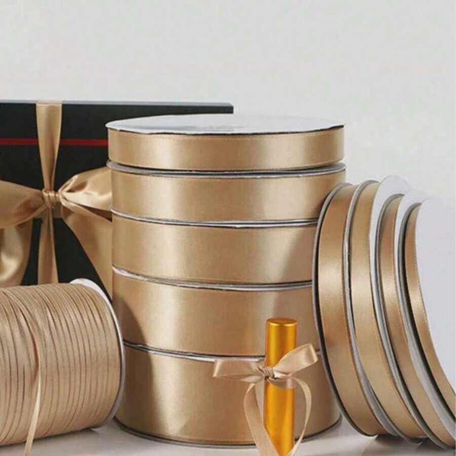 1 Roll, Champagne Gold Packaging Ribbon Bow, Colorful Ribbon, Polyester Satin Ribbon, Gift Box Ribbon, Jacquard Woven Tape, Suitable For Birthday Parties, Parties, And Various Festivals. - AA - View 1