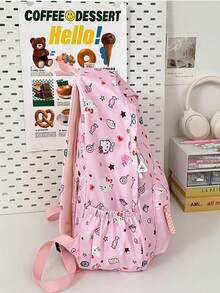 Sanrio Hello Kitty Pink All-Over Print Oxford Fabric Student Backpack, Cute Cartoon Character Large Capacity School Bag, Japanese Style Multi-Pocket Lightweight Daypack, Suitable For Students Travel And Daily Campus Use - A - View 9