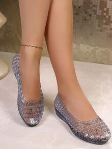 Transparent Shiny Blue PVC Hollow Woven Round Toe Low Vamp Jelly Sandals Women Flat Breathable Crystal Shoes Summer Fairy Style - Blue - View 5