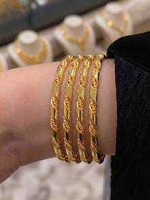 4Pcs 24K Gold Plated Twisted Rope Bangle Set, Rust-Resistant Gold Alternative Stackable Slash Metal Solid Bracelet Fine Jewellery - 01 - View 7