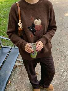 Women's Round Neck Sweater, Faux Knit Swan Print, Autumn/Winter Fashion Style - Dark Ochre - View 3