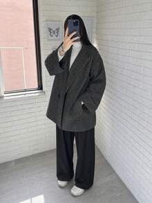 Women's Plus Size Herringbone Winter Blazer, Loose Casual Lapel Jacket - Grey - View 2