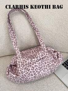 Pink Leopard Print All-Over Pattern Tote Bag, Wide Handle Shoulder Carry, Large Capacity Storage For Laptop, Makeup And Personal Items, Zipper Closure, Sweet Cool Style, Boston Underarm Tote Bag, Women's Daily Use For School, Shopping And Outings - Pink - View 9