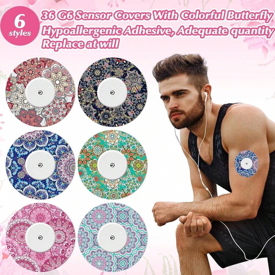 1 Box - 2/6/10pcs Adhesive Patches For Libre 2 Sensor, Mandala Floral CGM Patch Waterproof CGM Cover Sweat-Proof Colorful Sensor Blood Glucose Monitoring Protective Cover Detachable Strap - View 1