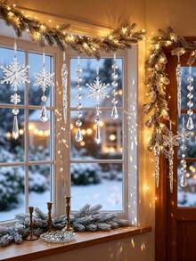 10/18pcs Acrylic Crystal Snowflake & Icicle Christmas Ornaments Set, Clear Faceted Drop Pendants With White Ribbon, Shatterproof Xmas Tree Hanging Decorations For Window Mantel Holiday Wedding Party Decor, Christmas Home Decor, Winter Decoration - A - View 6