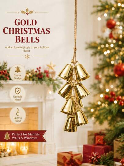 1 Set Gold Shiny Hanging Bells, Metal Bell Cluster With Hemp Rope, Farmhouse Style Decor, Suitable For Christmas Tree, Winter Holiday, Fireplace Mantel, Door Hanging, Window, Wreath And Holiday Home Decoration