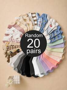 20 Pairs Women's Random Style Invisible Fashion Simple Versatile Cute Short Socks, Suitable For Daily Wear, Boat Socks, Classic Boat Socks, Striped Boat Socks - Multicolor - View 1