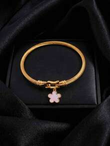 1pc Vintage Luxury Twisted‑Rope Bangle With Pink‑Shell Clover Charm, 18K Gold‑Plated Stainless‑Steel, Unisex Daily Wear Jewelry - Gold - View 5