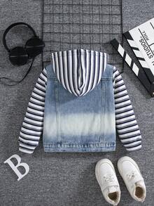 Young Boys Spring Fall Hooded Denim Jacket Denim Top Outerwear Striped Knit Sleeves Washed Button Front Long Sleeve Pockets Casual Outdoor Wear - Blue - View 6