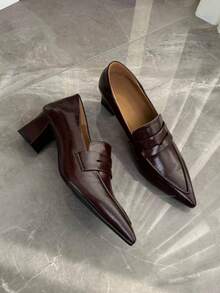 Vintage Chunky Heel Pointed Toe Mary Jane Pumps For Women, New Elegant Commuter Style With Single Strap French Design High Heels - Brown - View 4