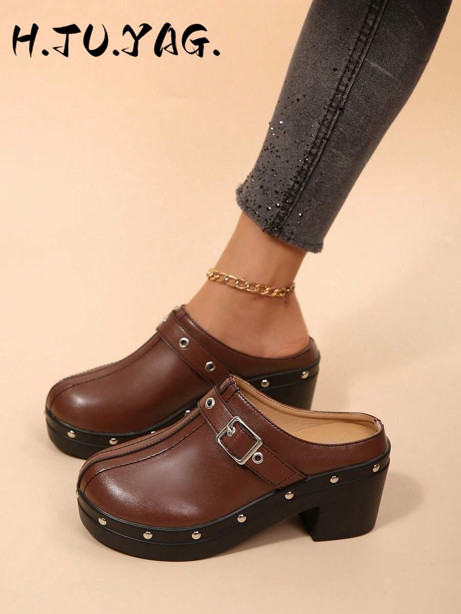 Solid Color Rivet Thick Sole Mule Slippers Women's Minimalist Closed Toe Backless Casual Slouchy Half-Slip High Heel Pumps - Burgundy - View 1
