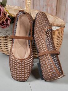 Square Toe Mesh Hollow Out Elastic Strap Mary Jane Flat Breathable Thin Ballet Style Shoes - Brown - View 5