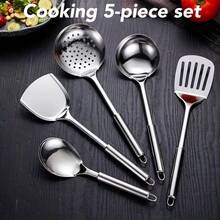 5pcs Stainless Steel Spatula, Soup Ladle, Strainer, Stir-Fry Spoon Set, Cooking Utensils Set, Suitable For Home Stir-Frying, Soup Making, Noodle Scooping, Frying, Cooking, Kitchen Cooking, For Housewives, Cooking Enthusiasts, Renters, Kitchen Cookware, Thickened Stainless Steel Long Handle, Heat-Resistant, Easy To Clean, Durable, Thanksgiving, Christmas, Family Gathering Kitchen Utensils - Multicolor - View 9