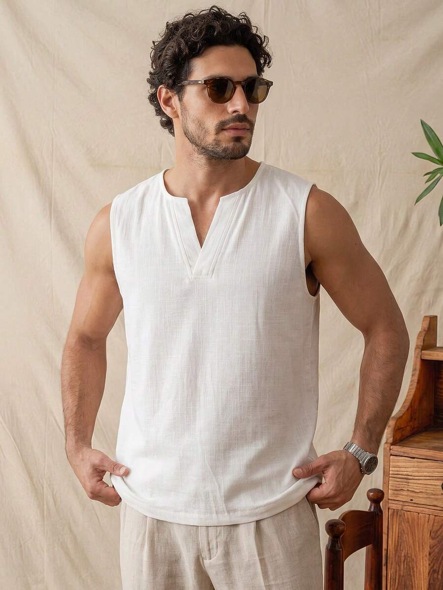 glestore Men's Vintage "Old Money" Style Linen Sleeveless T-Shirt: Soft, Comfortable, And Stylish-A Versatile Choice For Men's Sleeveless Tops - White - View 1