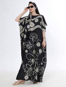 1pc Women's Floral Print Silk-Like Robe Shawl With Small Scarf Set, Outerwear Decor For Beach, Sun Protection, Windproof, Daily Wear - Multicolor - View 1