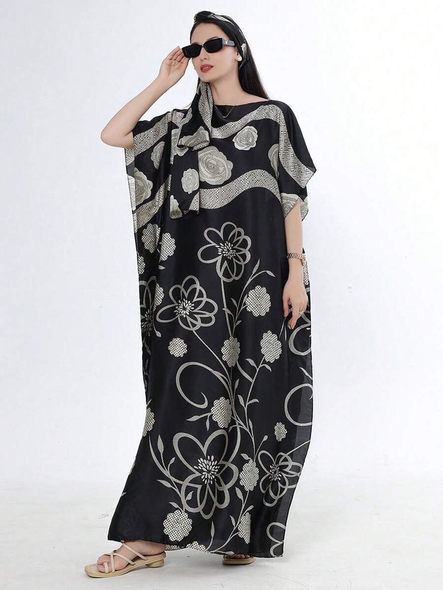 1pc Women's Floral Print Silk-Like Robe Shawl With Small Scarf Set, Outerwear Decor For Beach, Sun Protection, Windproof, Daily Wear - Multicolor - View 1