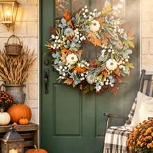 1pc Artificial Autumn Front Door Wreath, Rustic Farmhouse Style Autumn Harvest Wreath With White Pumpkin, Maple Leaves, Lamb's Ear And White Berries, Suitable For Front Door, Wall, Window, Porch Seasonal Autumn Decor And Thanksgiving Home Decoration - A - View 4