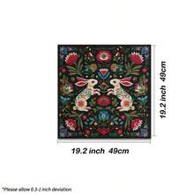 1pc Folk Art Dual Rabbit Tarot Cloth, Bohemian Floral Altar Mat, Vintage Divination Tablecloth, Mystic Spiritual Home Decor Tapestry - Black - View 7