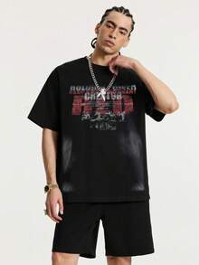 Tiny Spark Men's Street Style Black T-Shirt, Distressed Vintage Graffiti Letter Print, Punk Style - Black - View 4
