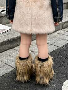 1 Pair Fashionable Children's Personalized Long Fur Plush Ankle Boots, Color-Block Fluffy Fur Ankle Boots, Suitable For Outings, Street Style, Holiday Parties, Autumn/Winter - Brown - View 8