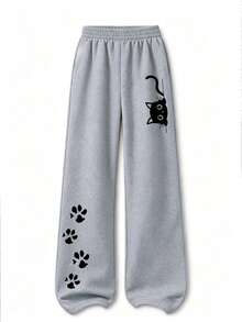 2pcs Set Suitable For Girls Big Tween Girl, Round Neck Sweatshirt With Cute Cat Print + Wide Leg Pants Matching Set, Perfect For Autumn/Winter Daily Wear - Multicolor - View 8